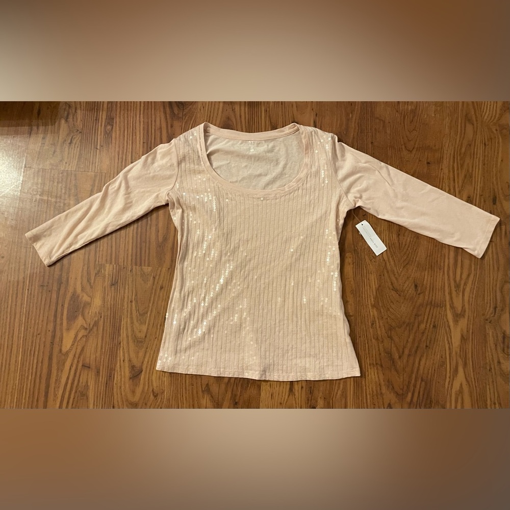 New York & Company Blush Sequin Ribbed Scoop Neck Long Sleeve Top new with tag